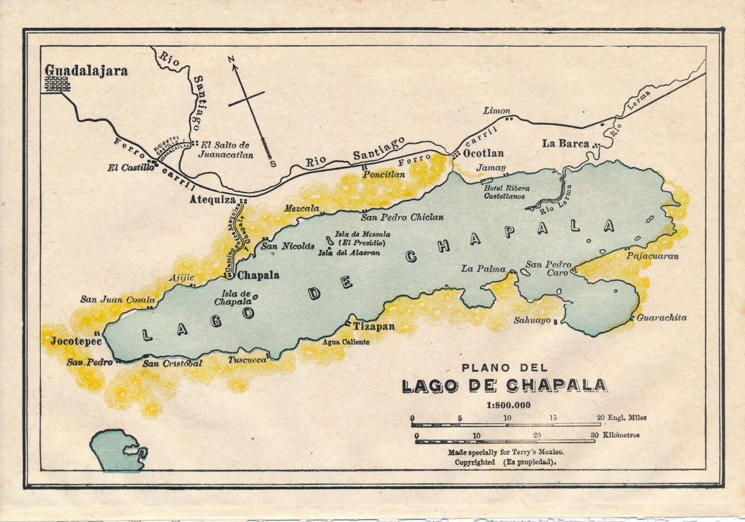 Mapa antiguo de 1944 lago de Chapala México