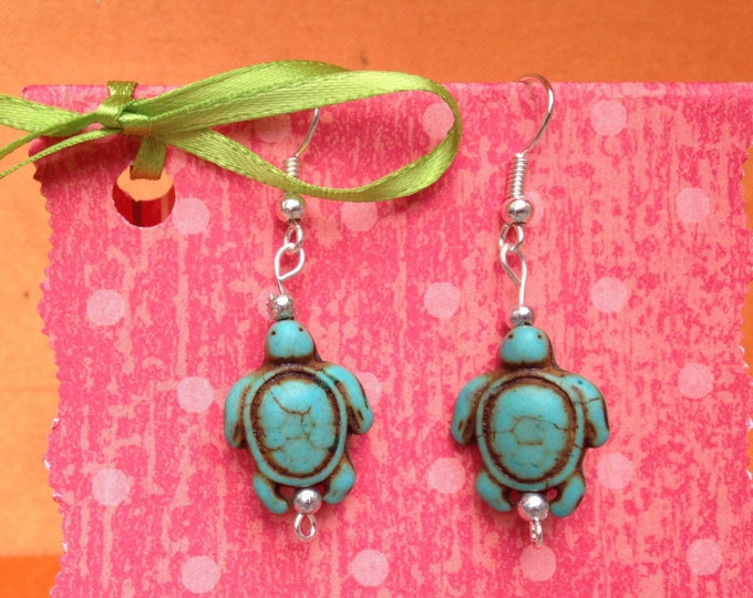 Turtle earrings-clip on earrings-Childrens-Blue turtle jewelry-Tween posts-teen dangles-nickel free-beach jewelry-earrings for girls-Silver
