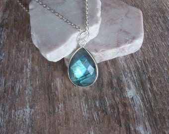 Labradorite Necklace on Sterling Silver Chain Labradorite Necklace Teardrop Pendant High Blue Flash Labradorite Labradorite Pendant LB062