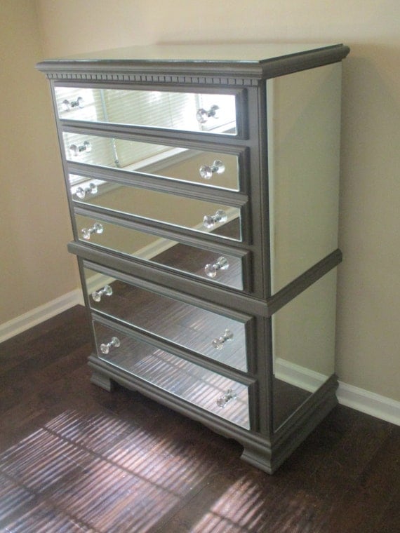 Items similar to Mirrored Chest of Drawers, Tall-boy Dresser White with Quatrefoil overlay ...