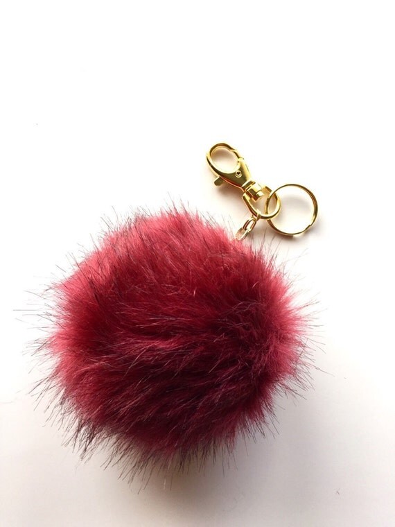 pom new pom keychain look keychain pom bag pom Pendant Faux fur Burgundy  Gold Metal Pompom