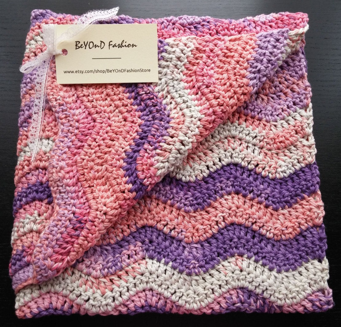 Crochet Cotton Ripple Baby Blanket White Pink Plum Gradient