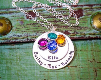 Stamped Mommy Necklace • Sterling Silver Grandma Necklace • Layered Necklace • Childrens Names • Two Layered Discs • Large Family Necklace