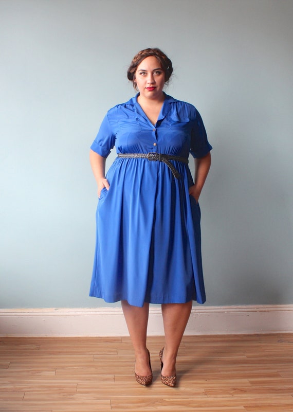 plus size dress / royal blue secretary dress / 1980s / XXL