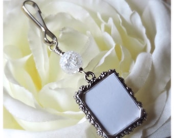 Wedding bouquet photo charm with crackled quartz.Bridal bouquet charm & small picture frame.Gift for a bride.Bridal shower gift. Remember me