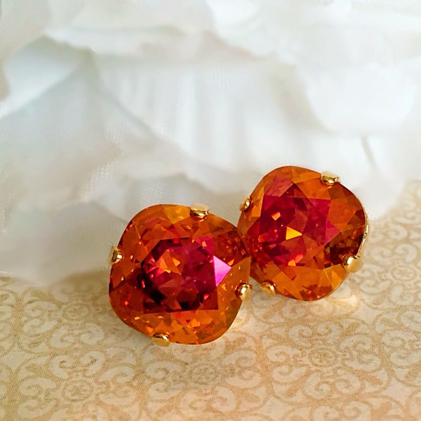Swarovski Stud Earrings - Hot Pink and Orange Crystal Earrings - Fall Jewelry - JOLIE Astral Pink