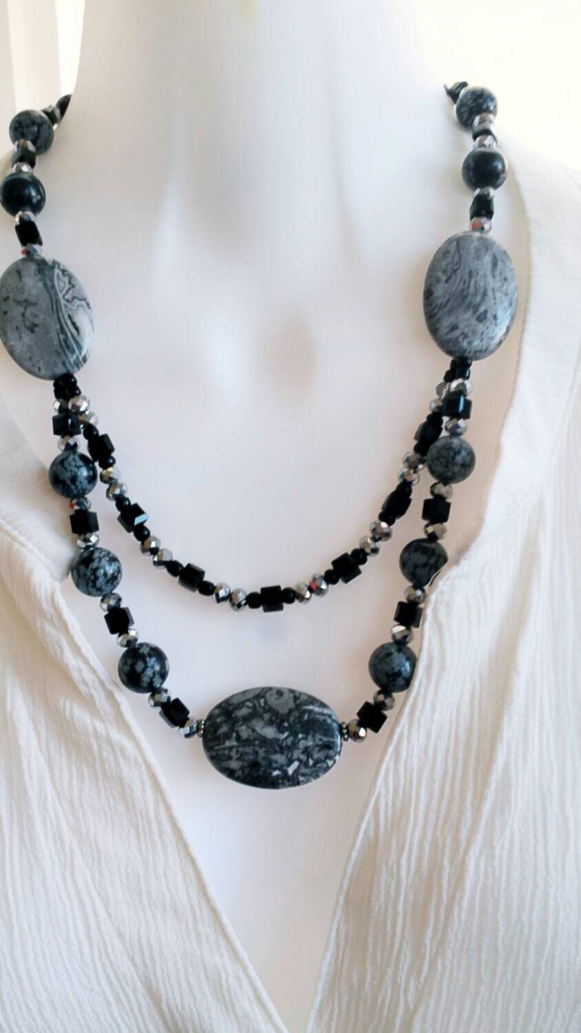 Gray necklace gray beaded necklace jasper stone by SoulfulLeeYours
