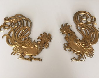 Mid Century Rooster Plaques/Vermay USA Metal Fighting Rooster's /Metal Rooster/Fighting Rooster/Goldtone Rooster/By Gatormom13