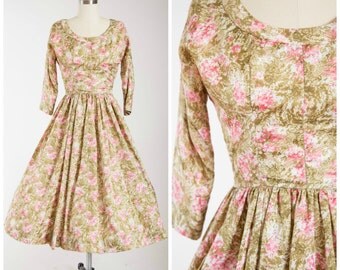 Vintage 1950s Dress • Watercolour Lillies • Green Pink Floral 50s Dress Size Medium
