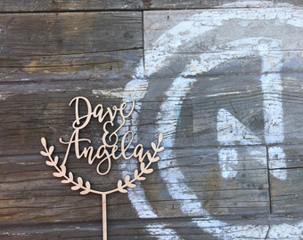 Personalize Half Wreath Name Wedding Cake Topper 6" inches, Custom Names Personalized Wood Unique Rustic Laser Cut Toppers by Ngo Creations