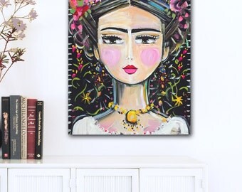 Frida Kahlo Painting, roses, pretty, portrait painting on canvas, folk art style