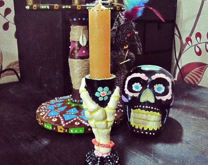 Skeleton Hand Candle Holder - Boho Decor - Día de los Muertos - Sugar Skull Day of the Dead - Witchcraft Altar - Mexican Altar - Gypsy Decor
