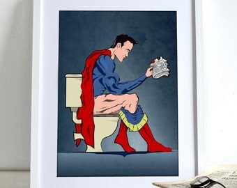 Superhero Superman On Toilet Poster Comic Book Wall Art Print Home Décor