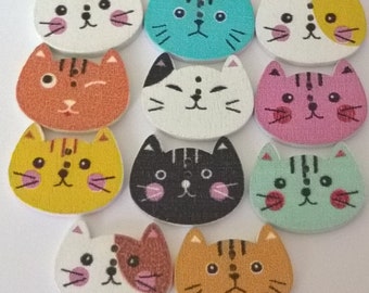 Set Of 20 Cat Wooden Painted Buttons