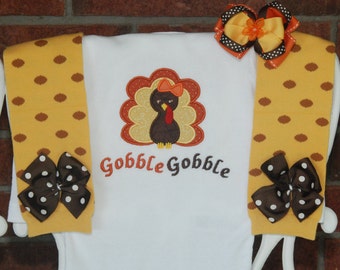 Baby Girl Thanksgiving Outfit! Gobble gobble turkey outfit with applique bodysuit, leg warmers, and hair bow!