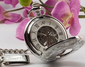 FREE WORLDWIDE SHIPPING - Custom Glass Engraved Silver Half Hunter Skeleton Pocket Watch - Gift Boxed pw-1-G