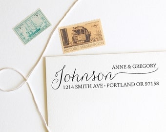 Return address stamp with hand drawn calligraphy last name, first and last names, self inking stamp, rubber stamp wood handle