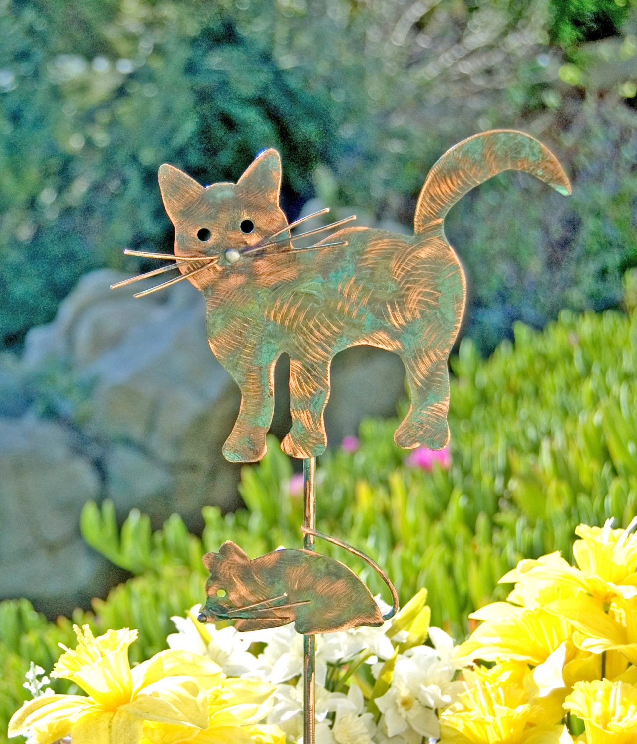 Cat and Mouse Garden Stake / Metal Garden Art / Copper Art