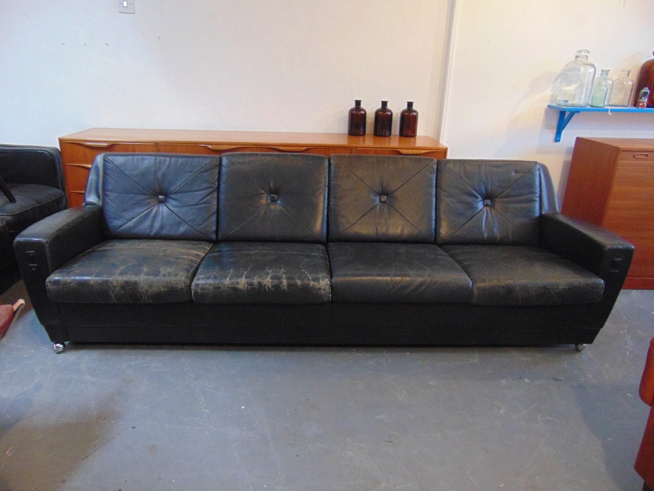 Vintage 1960’s Black Leather Four Seater Sofa. Mid Century Retro Danish ...