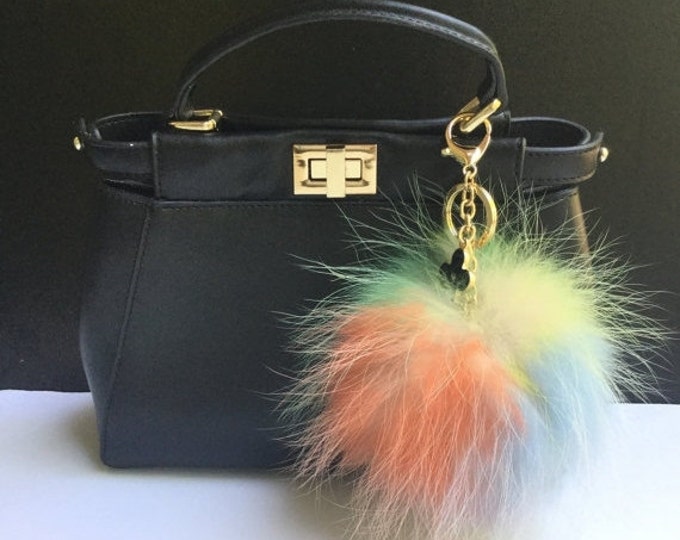 NEW Tropical Swirl™ Multi Color Raccoon Fur Pom Pom bag charm clover flower charm keychain piece no.314