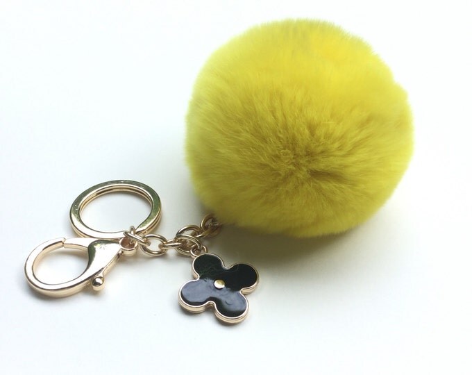 Yellow fur pom pom keychain REX Rabbit fur pom pom ball with flower bag charm