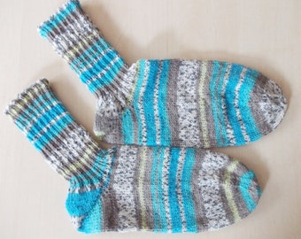hand-knitted socks, Gr. 38/39 (EU), turquoise + beige