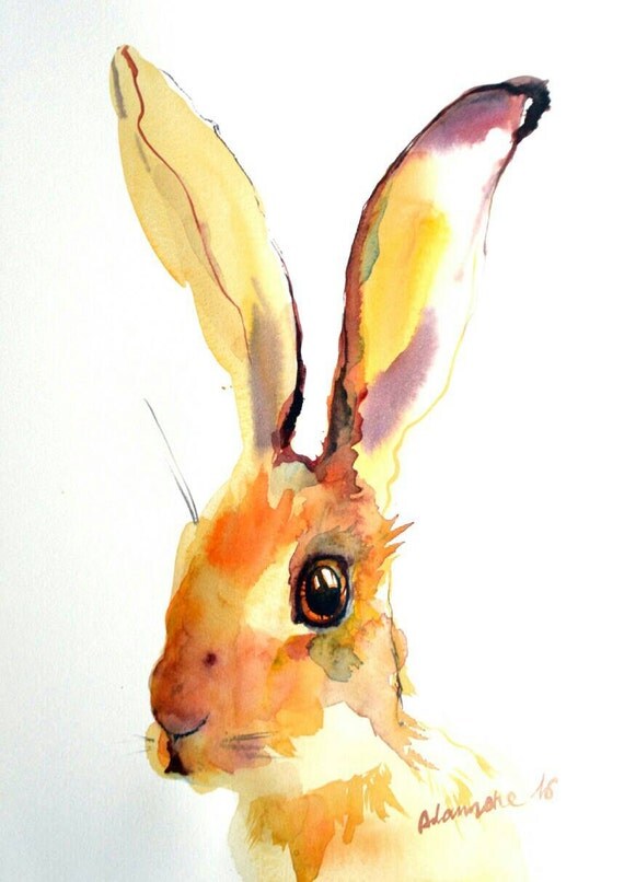 Yellow Hare original watercolor painting. Contemporary water