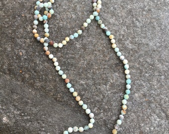 60 Inch Bead Necklace Hand Knotted Amazonite- Pale Blue Amazonite Long Beaded Necklace