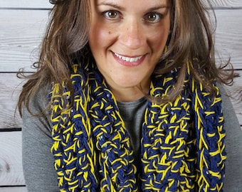 Michigan Infinity Scarf, Crochet Cowl Scarf, Circle Scarf, Loop Scarf, U of M Infinity Scarf - Can be worn 2 different ways!