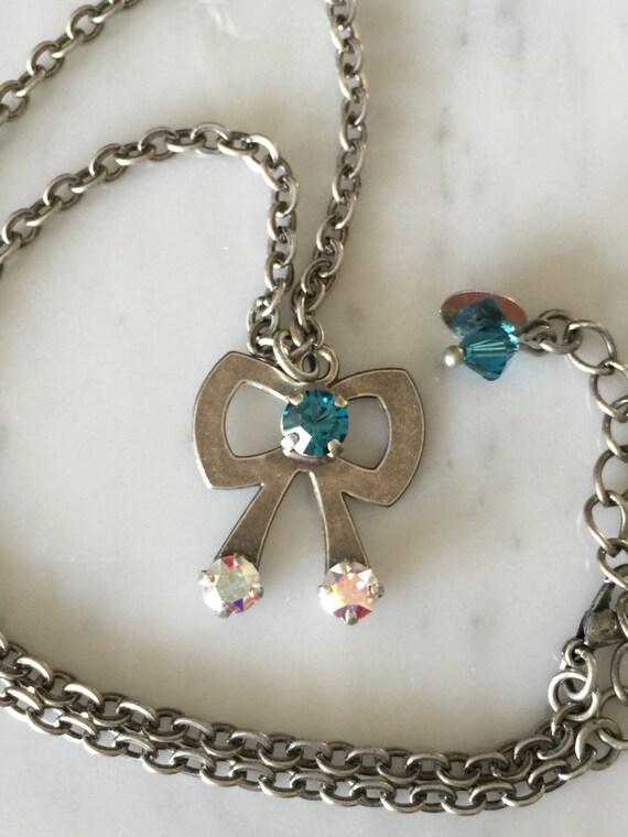 Swarovski Indicolite Crystal Necklace, Indicolite Crystal Necklace, Indicolite Crystal Bow Necklace, Swarovski Blue Pendant, Bow Pendant
