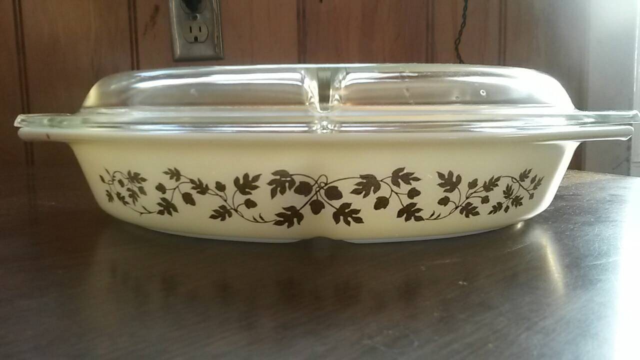 Vintage Pyrex Golden Acorn Divided Casserole Dish with Lid Haute Juice