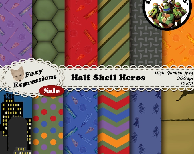 Half Shell Heros digital paper is inspired by TMNT. Designs include turtle shell, sewer lid, city sky line, foot soldiers, pizza, & weapons