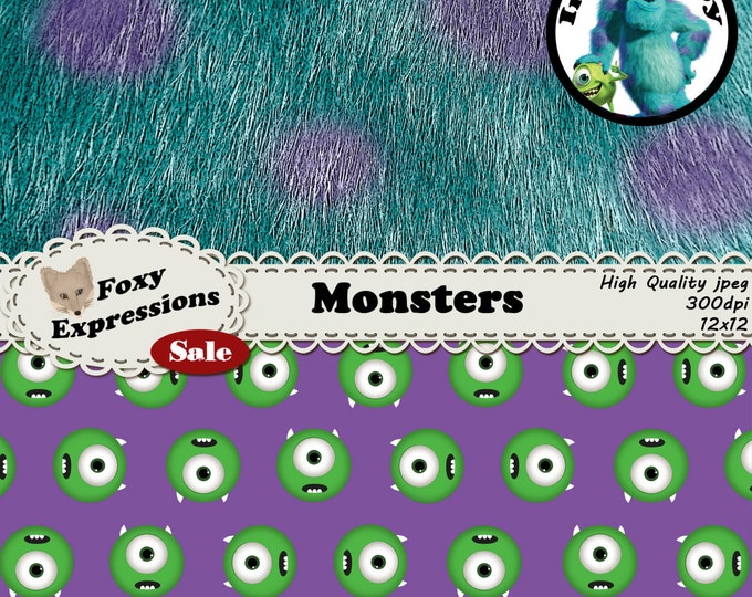 Monsters digital paper inspired by Monster Inc. Designs include Mike, Sully, Randall, code 23-19, Boo, Closet Doors, CDA, and more monsters!
