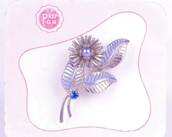 50s Flower Brooch Silver Blue (Never Used) // Flower Jewelry // Mad Men Pin up Fifties Lady