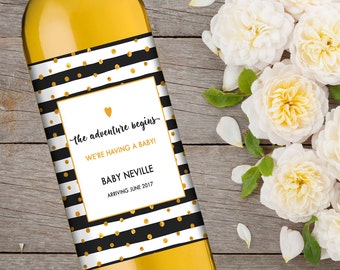 Baby Announcement Wine Label "So The Adventure Begins" Customize with Due Date and Baby's Name