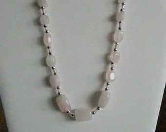 Silver Tone Pink Quartz Nugget Stones Necklace