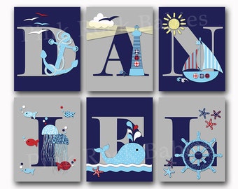 Nautical baby boy name art personalized nursery letters custom wall decor letterpress poster typography anchor whale shower toddler gift