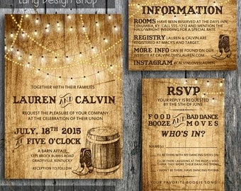 Country Wedding Invitation Suite with Lights and Cowboys Boots, Invitation, RSVP and Information Card