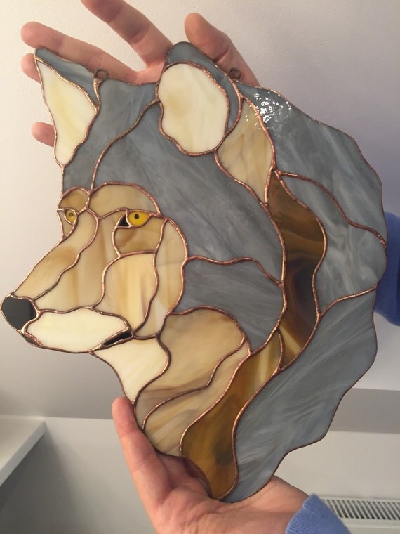 Stained glass wolf terrier Tiffany glass window suncatcher. Wolfie stained glass window decoration.
