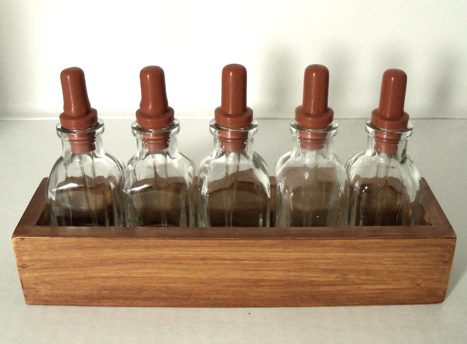 Dropper Bottles & Teak Wood Tray Clear Square Flint Glass
