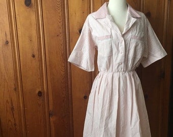 Vintage pink and white striped dress/pockets/pinup/Size Large
