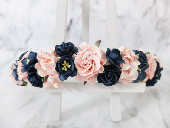 Navy blue and pink flower crown wedding floral hair wreath