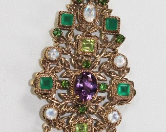 Gold Metal with Moonstone, Amethyst, Peridot, Emerald and Green Tourmaline Pendant