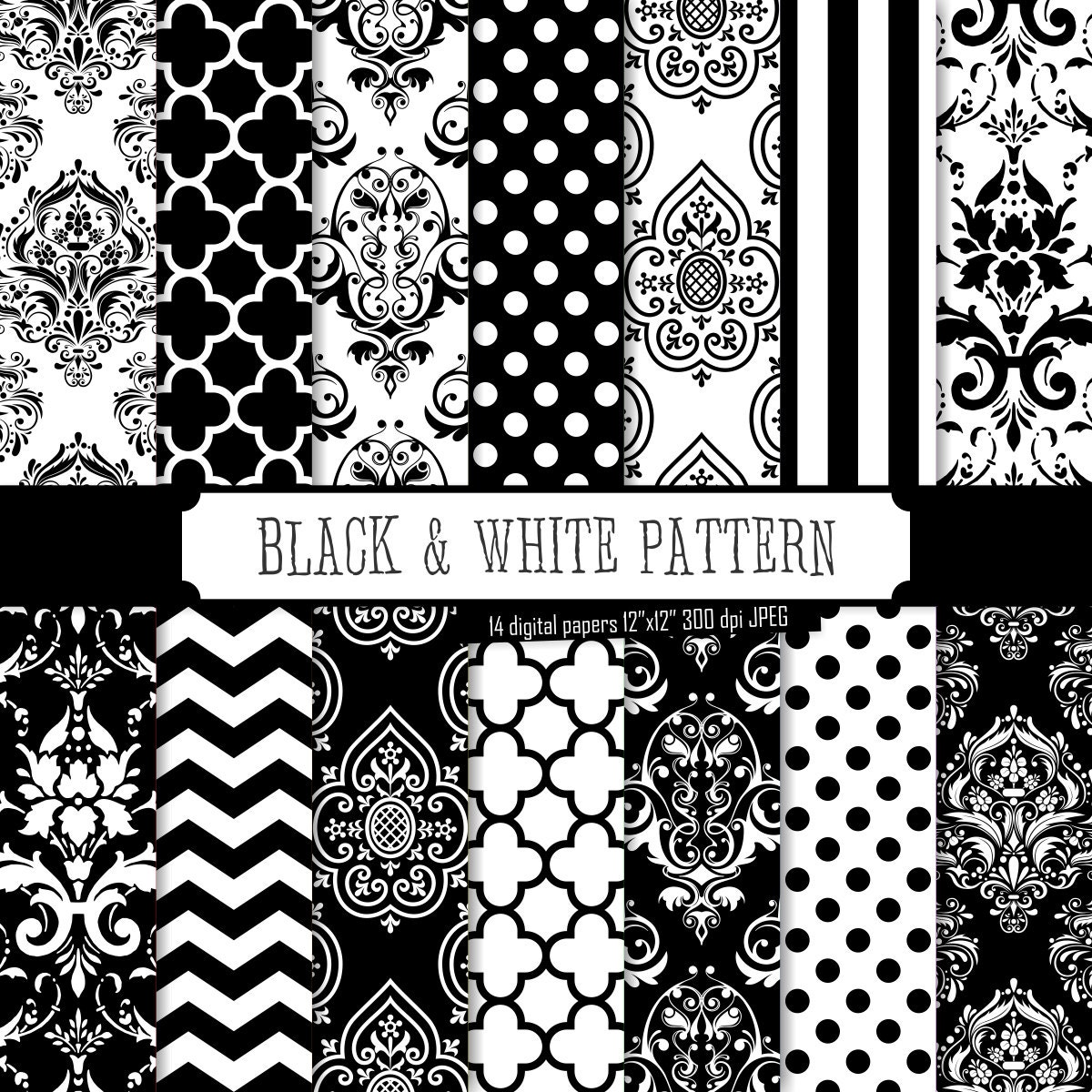 Buy 2 Get 1 Free Digital Paper Black &amp; White Pattern damask