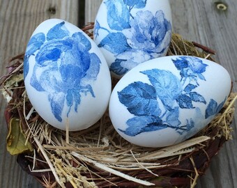 Decorated Easter eggs, blue rose decoupage, shabby chic, vintage Easter,hand decorated eggs set, farmhouse kitchen, hostess gift, set of 6