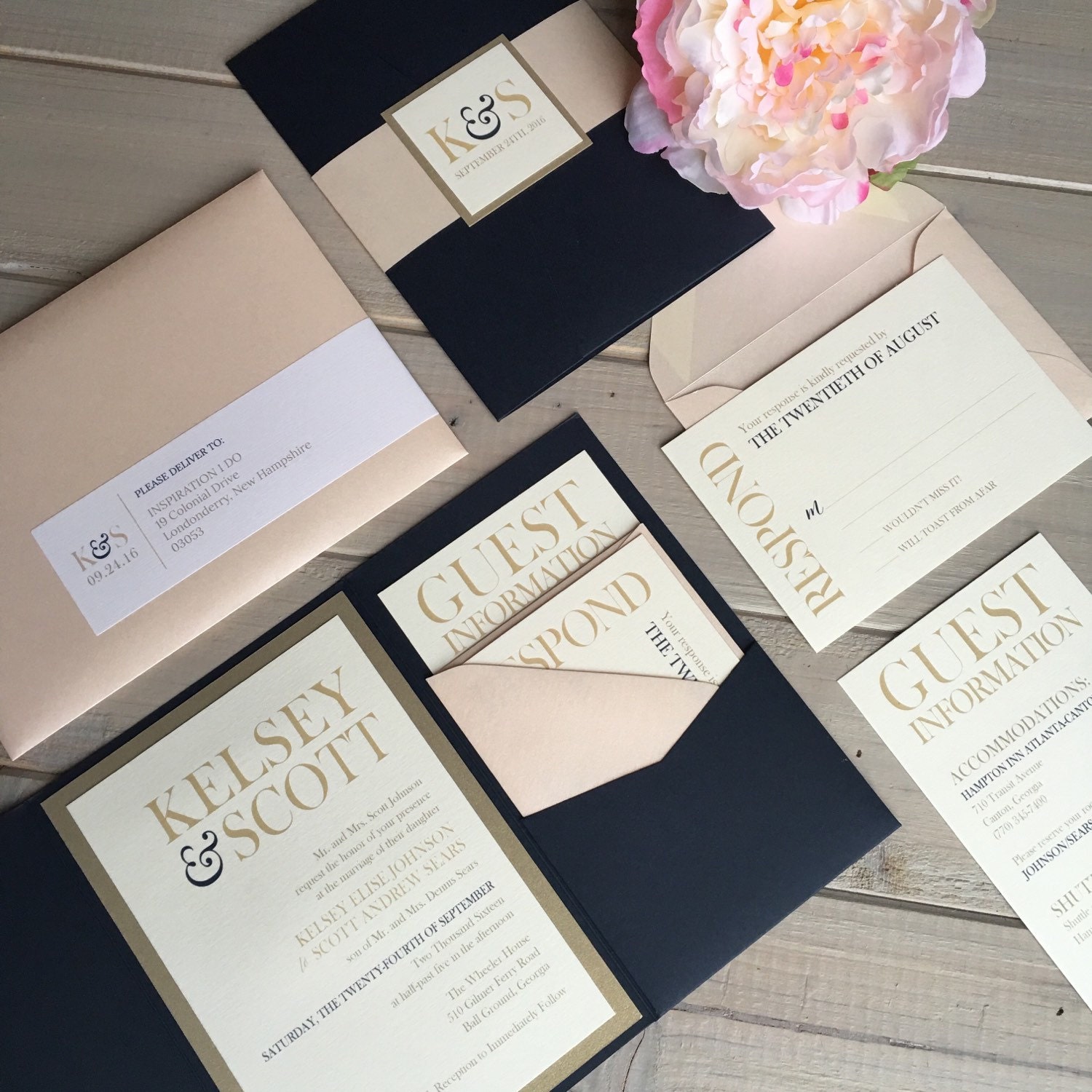 Navy Blush And Gold Wedding Invitations 3