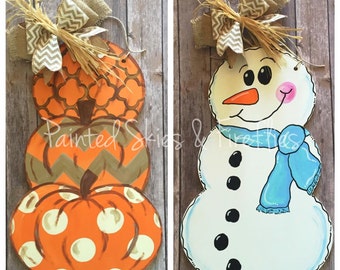 Fall Decorations / Pumpkin Stack Door Hanger / Reversible / Autumn / Winter / Home Decor / Fall Wreath / Wooden Door Hanger / Snowman