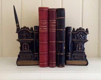 1950s Clock Bookends / Black Porcelain Bookends /