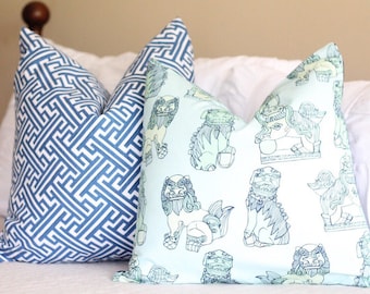 cotton & quill foo dogs pillow cover // asian inspired // chinoiserie fabric // foo dog pillow covers // navy pillow covers // coral pillows