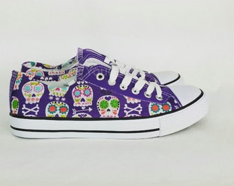 Sugar skull shoes, purple shoes, women shoes, candy skull shoes, custom pumps, alternative, gift for her, girl shoes, skull shoes,rockabilly